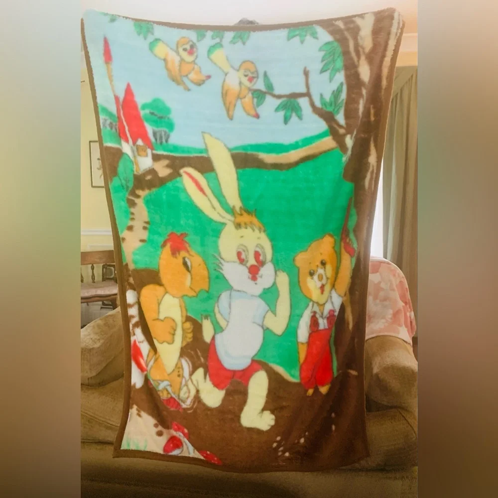 Tortoise And Hare Plush Thick Fleece Blanket Throw Storybook Cottage Mushrooms